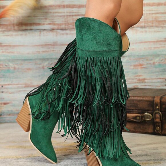 Shoes - Green Western Women's Knee-High Faux Suede Cowboy Boots